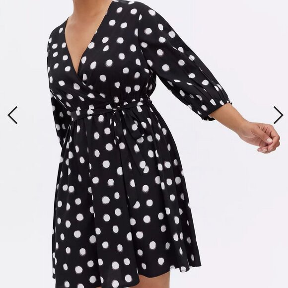 New Look Curve Tie-Waist Faux Wrap Dress 3/4 Sleeve Polka Dot - Picture 1 of 6